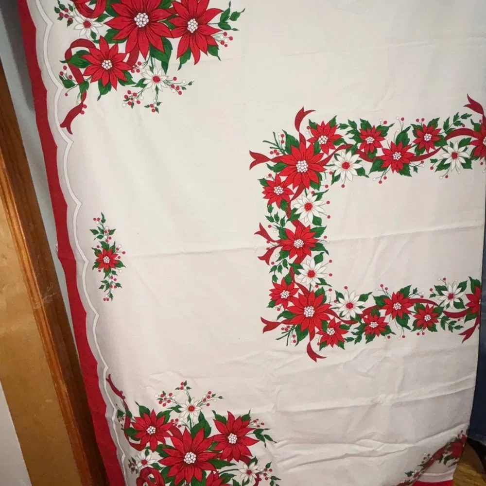 Festive Holiday Tablecloth with Red and Green Poinsettias